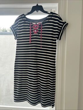 Preppy and nautical terrycloth navy and white striped dress